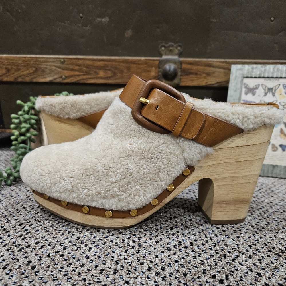 Veronica Beard Wood Clog Shearling Leather Stacked Heel 9.5